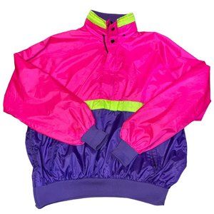 VTG 80s 90s Women's Windbreaker Sz XL Hot Pink Neon Green Purple Tuck Away Hood